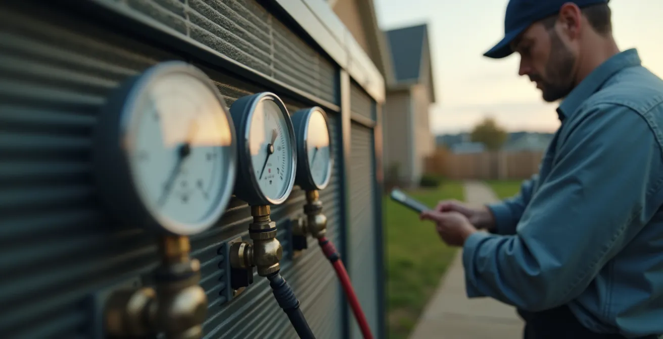 Technicien vérifiant les pressions d'un climatiseur avec des manomètres professionnels