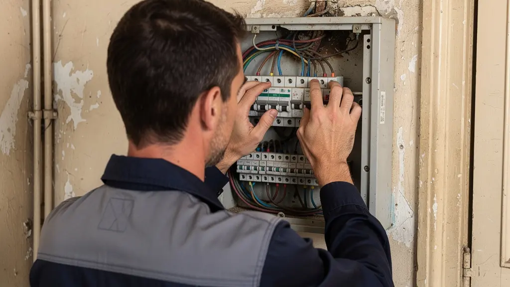 Technicien climatisation inspectant un tableau électrique dans un appartement ancien parisien