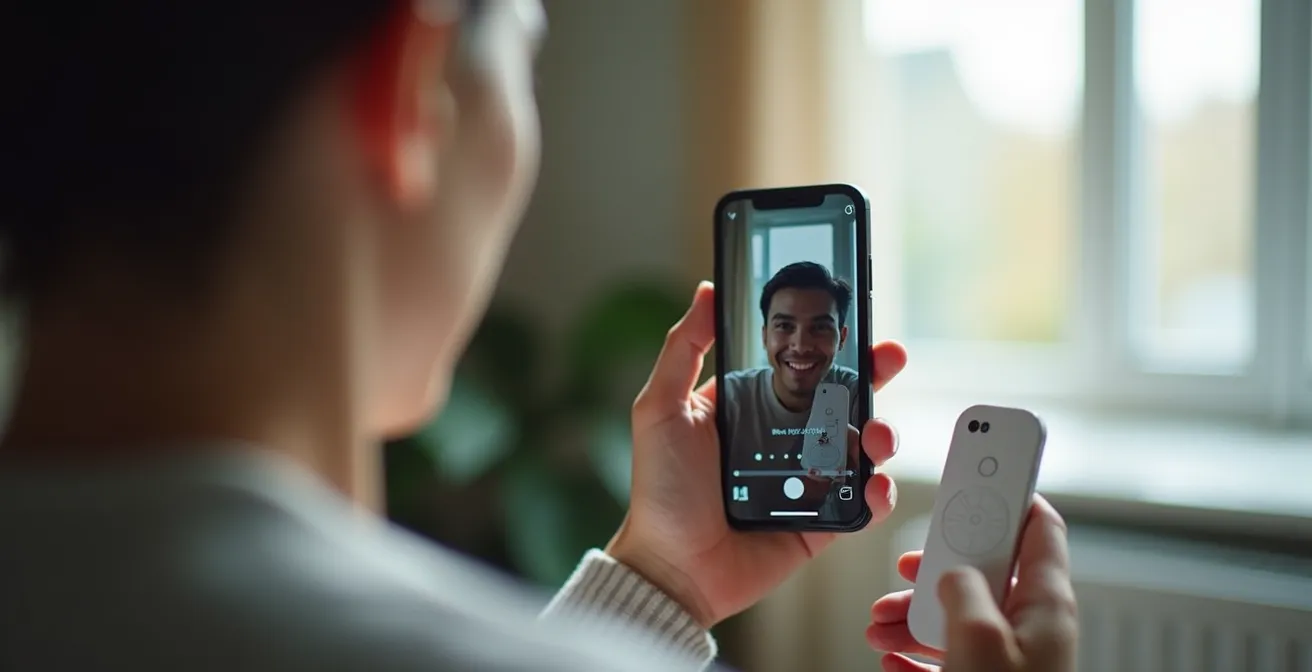 Main tenant un smartphone face à une télécommande de climatisation pour test infrarouge