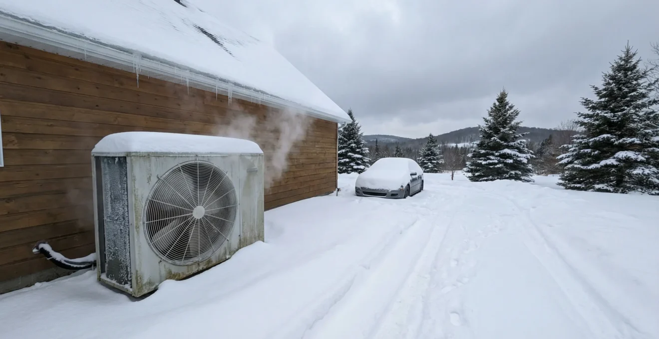 Unité extérieure de thermopompe en fonctionnement dans un paysage hivernal québécois enneigé