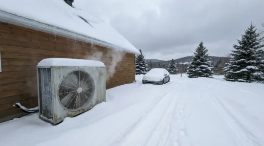 Unité extérieure de thermopompe en fonctionnement dans un paysage hivernal québécois enneigé