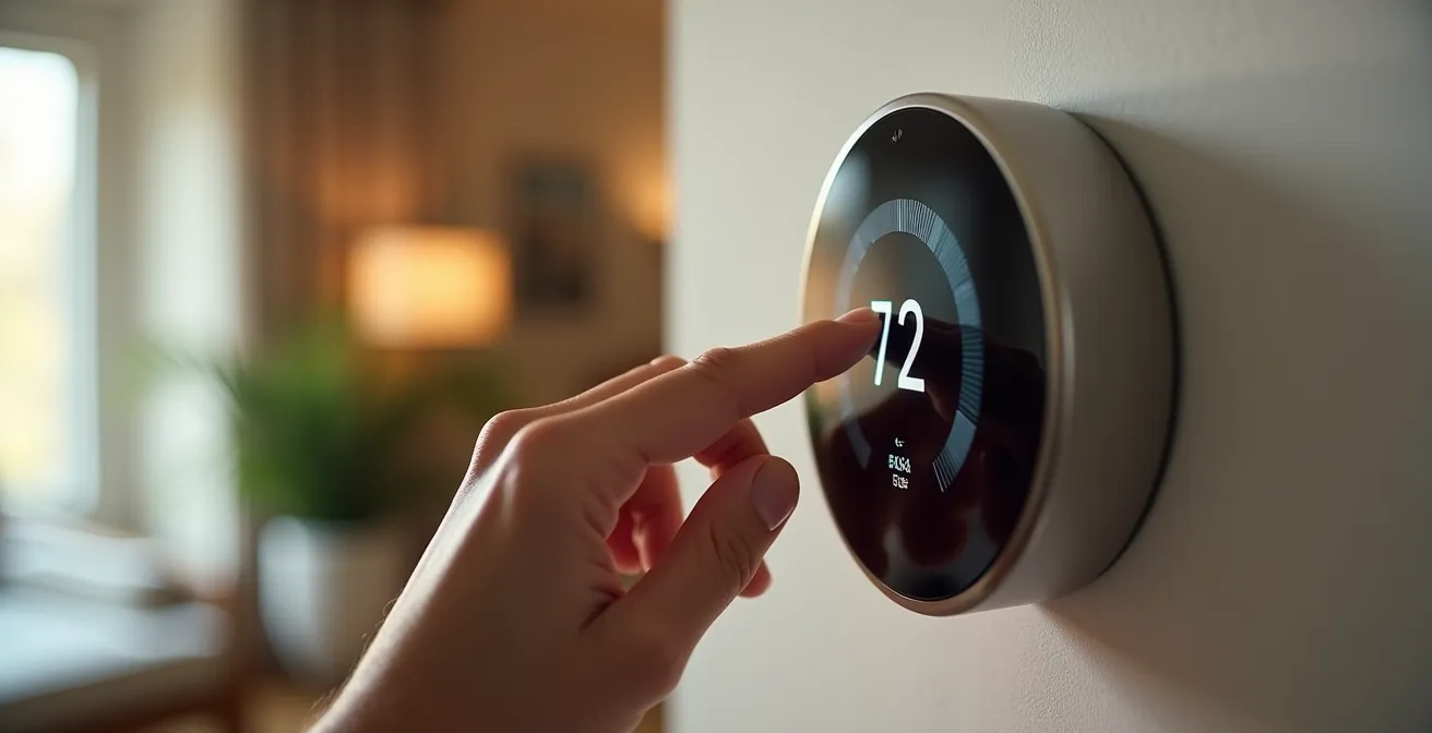 Main programmant un thermostat connecté mural pour la climatisation