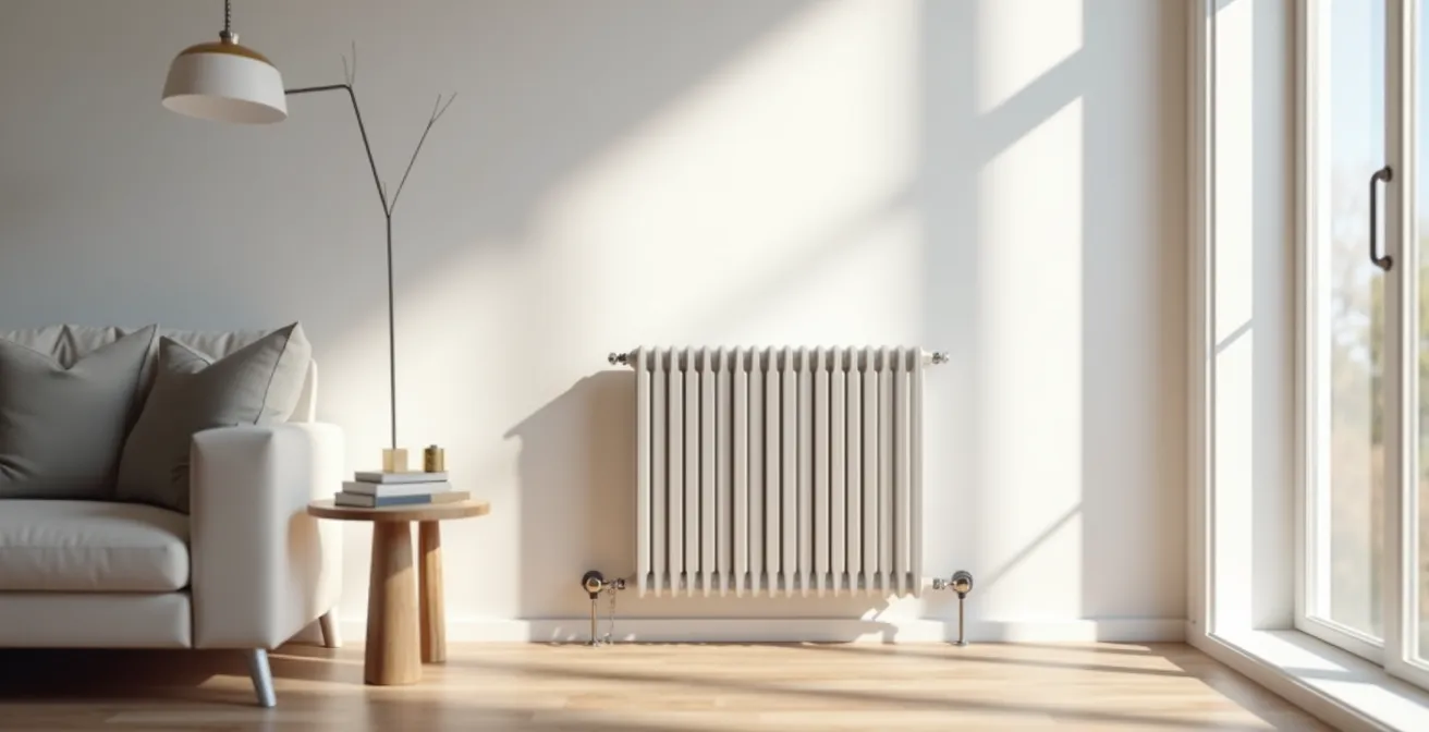 Vue minimaliste d'un radiateur moderne avec vanne thermostatique dans un intérieur épuré