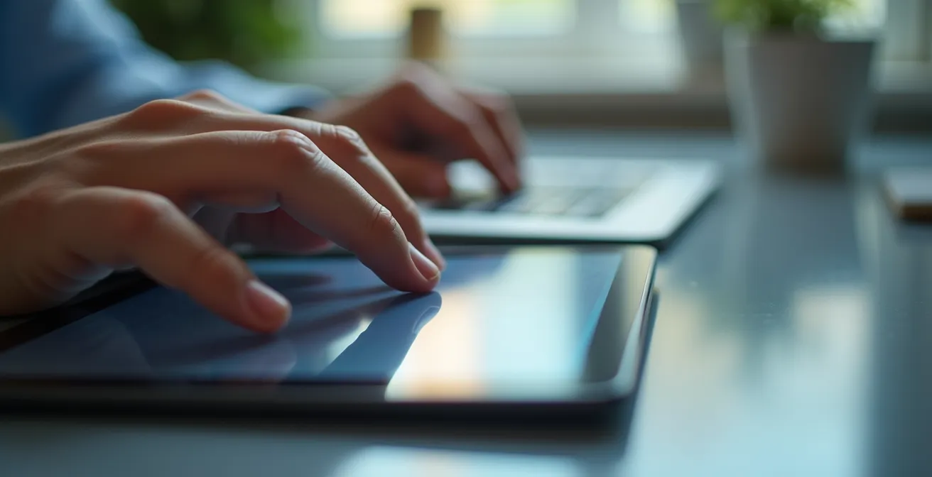 Mains tenant une tablette montrant une page web floue avec logo de certification
