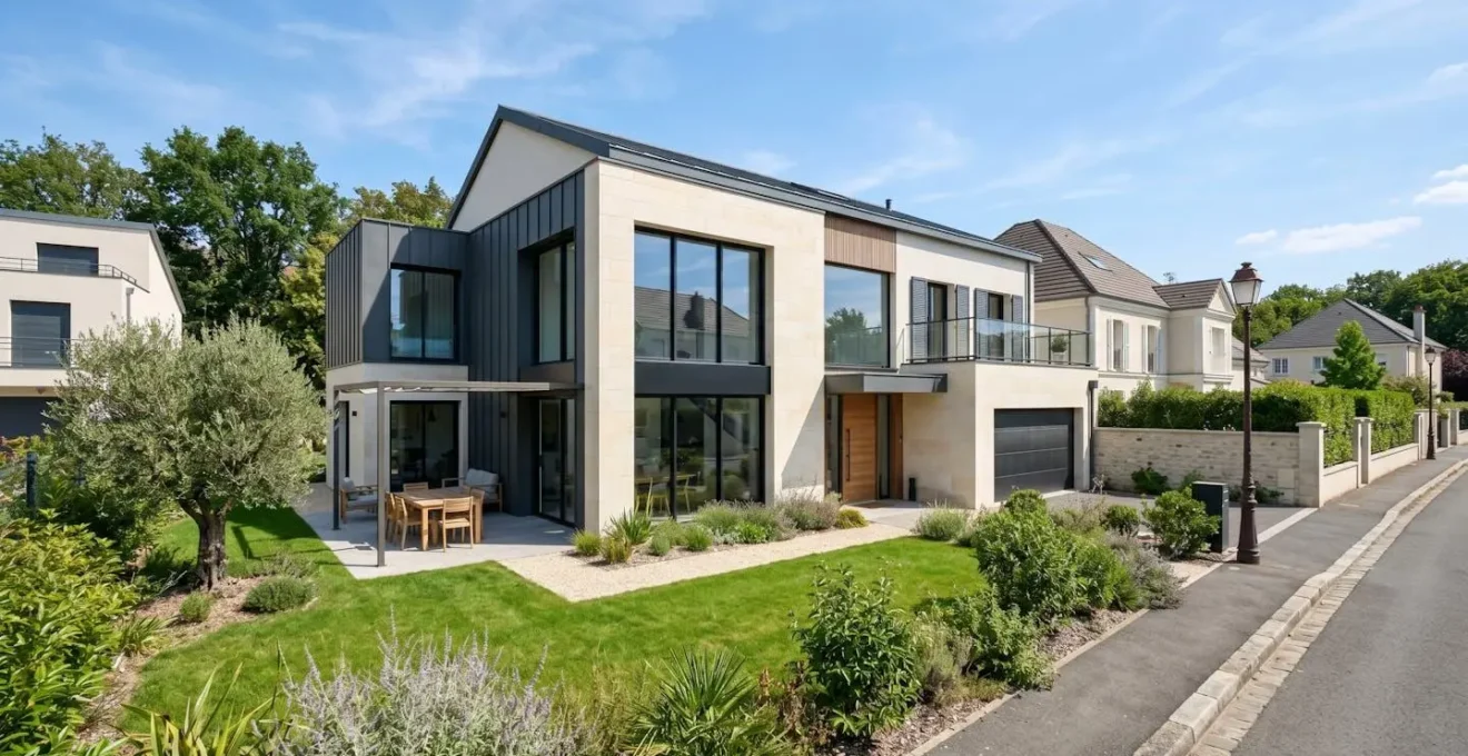 Façade d'une maison individuelle contemporaine typique des Hauts-de-Seine avec petit jardin et architecture française moderne