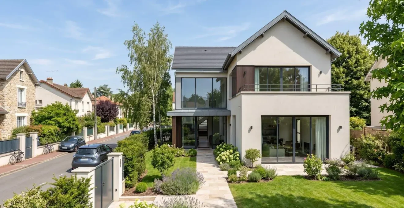 Façade d'une maison individuelle contemporaine typique des Hauts-de-Seine avec petit jardin et architecture française moderne