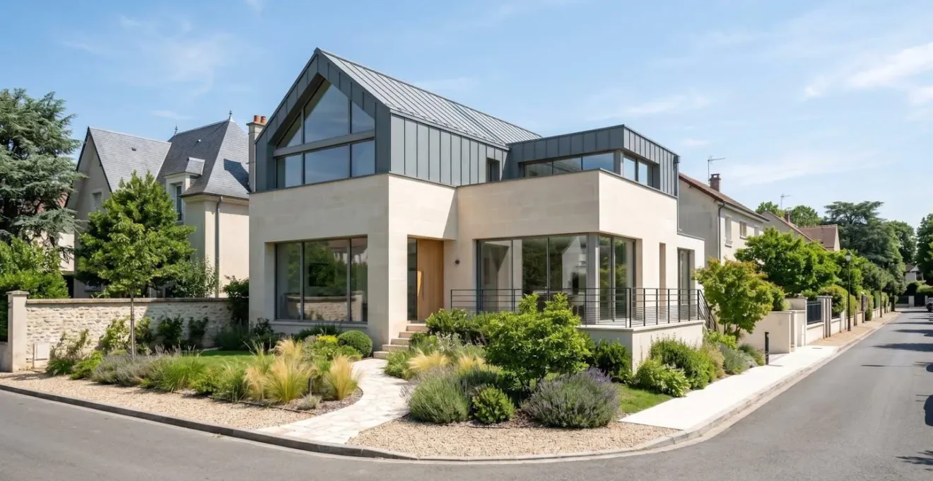 Façade d'une maison individuelle contemporaine typique des Hauts-de-Seine avec petit jardin et architecture française moderne