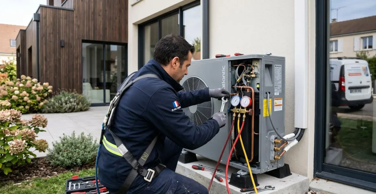 Technicien professionnel manipulant une unité extérieure de pompe à chaleur lors d'une installation dans une maison moderne des Hauts-de-Seine