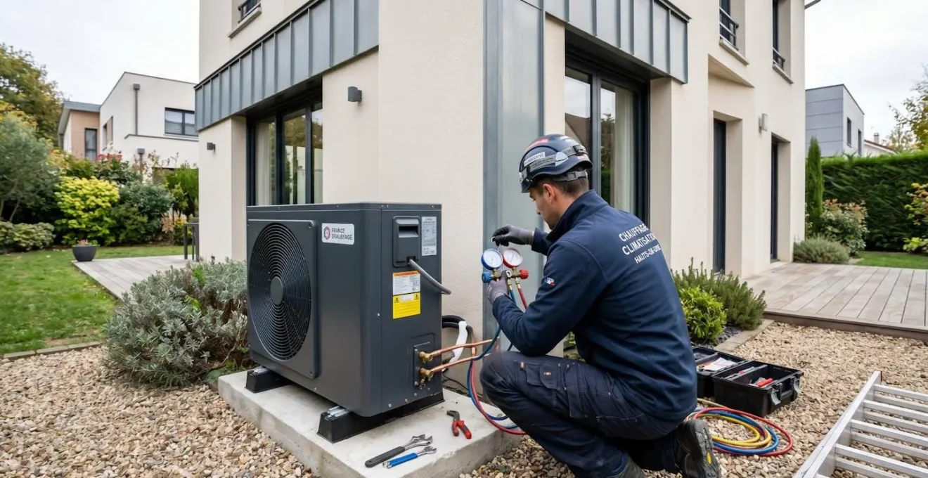 Technicien professionnel manipulant une unité extérieure de pompe à chaleur lors d'une installation dans une maison moderne des Hauts-de-Seine