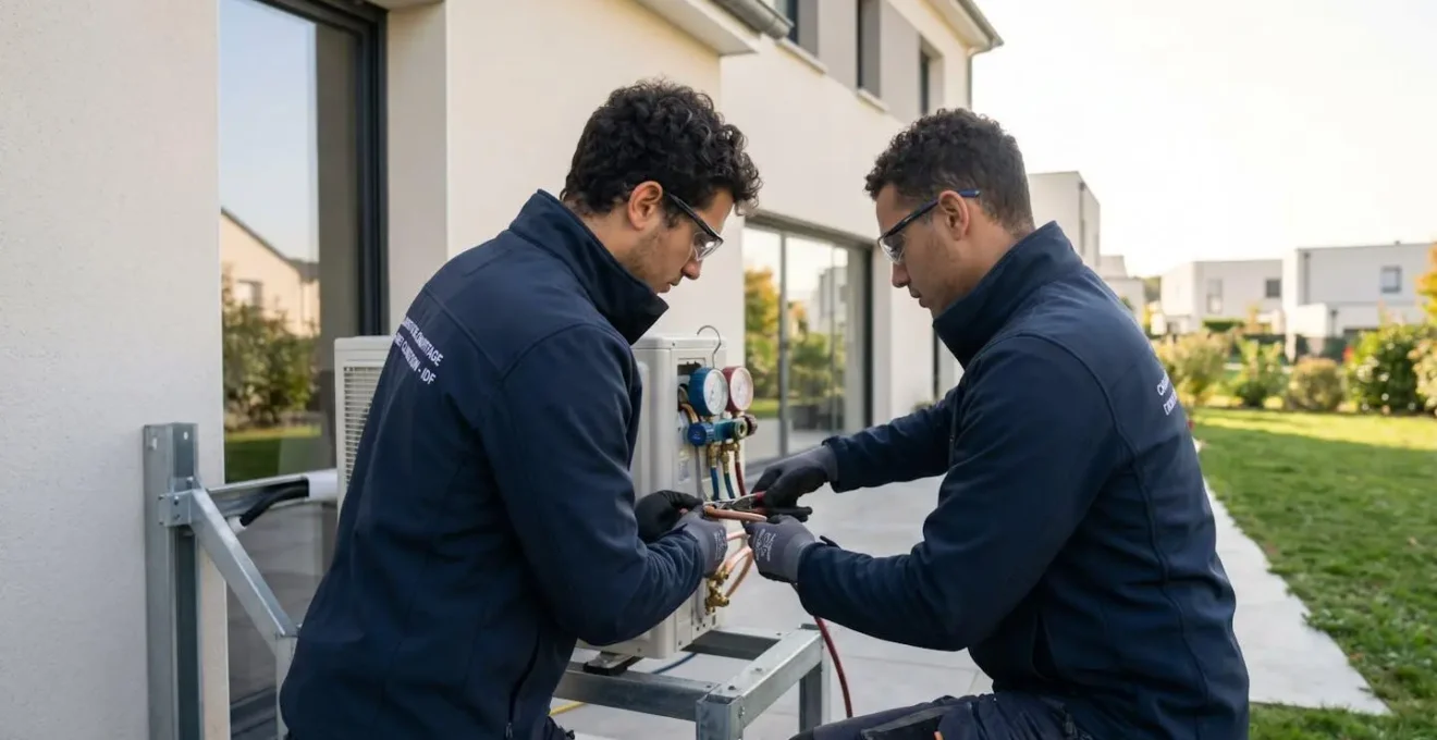 Technicien professionnel manipulant une unité extérieure de pompe à chaleur lors d'une installation dans une maison moderne des Hauts-de-Seine