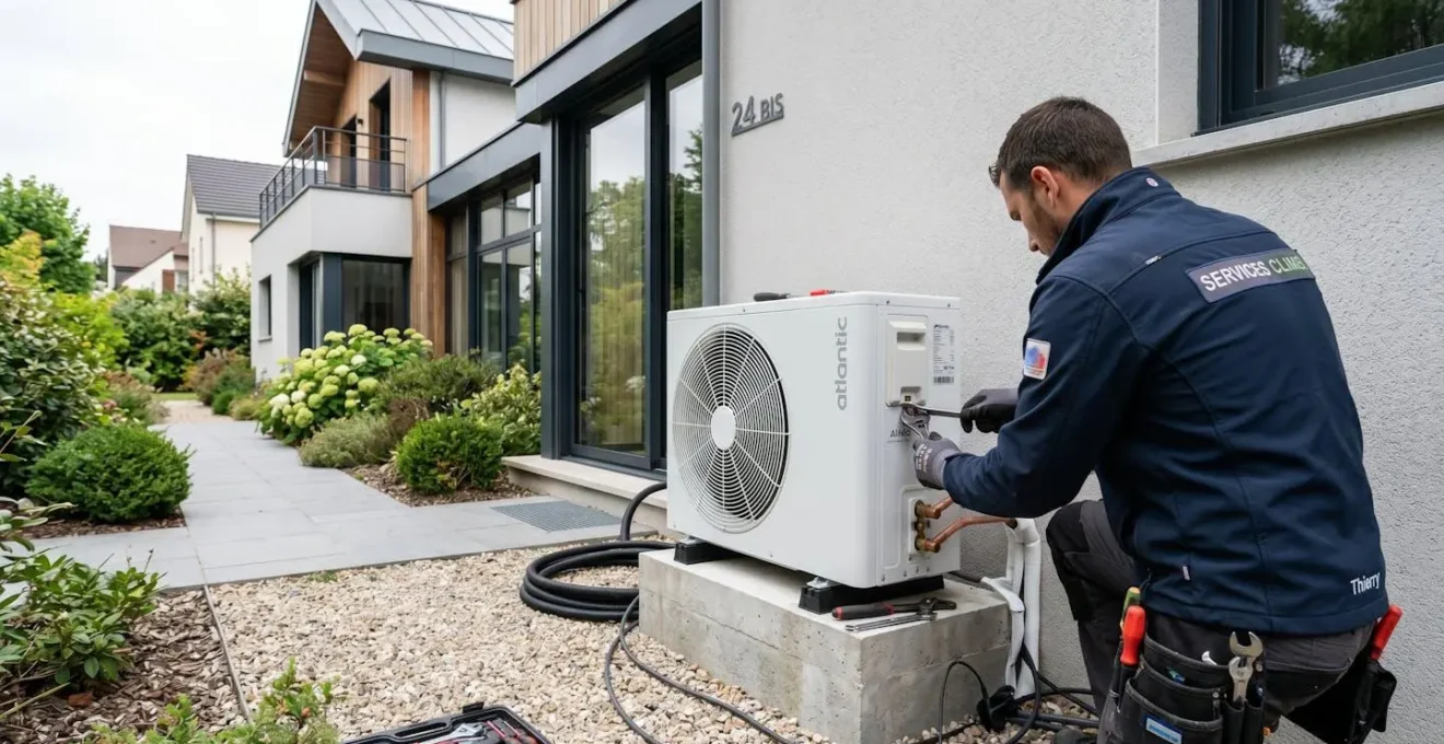 Technicien professionnel manipulant une unité extérieure de pompe à chaleur lors d'une installation dans une maison moderne des Hauts-de-Seine