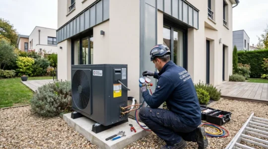 Technicien professionnel manipulant une unité extérieure de pompe à chaleur lors d'une installation dans une maison moderne des Hauts-de-Seine