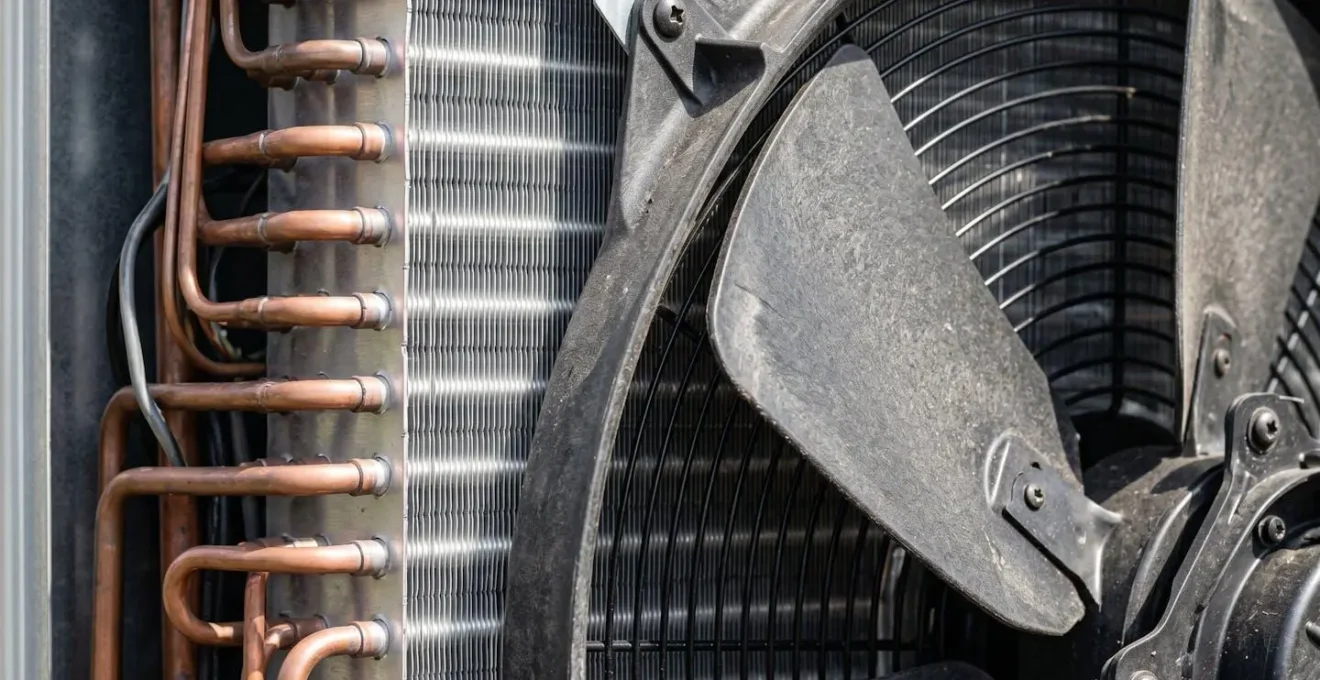 Gros plan sur les ailettes métalliques et le ventilateur d'une unité extérieure de pompe à chaleur moderne