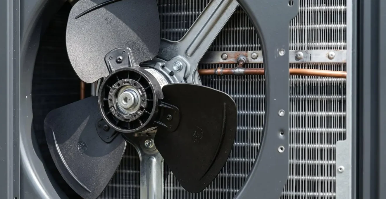 Gros plan sur les ailettes métalliques et le ventilateur d'une unité extérieure de pompe à chaleur moderne