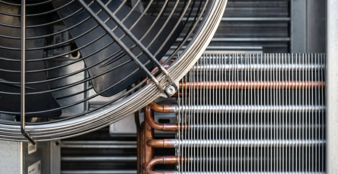 Gros plan sur les ailettes métalliques et le ventilateur d'une unité extérieure de pompe à chaleur moderne