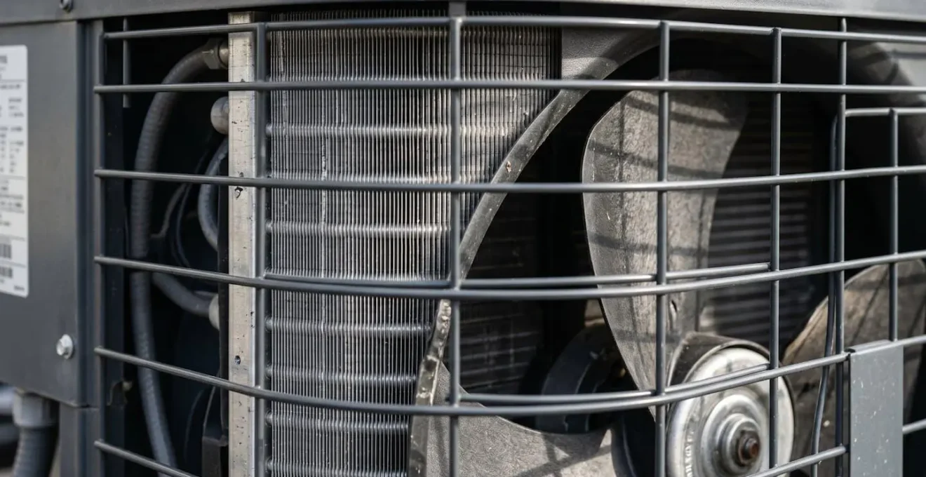 Gros plan sur les ailettes métalliques et le ventilateur d'une unité extérieure de pompe à chaleur moderne