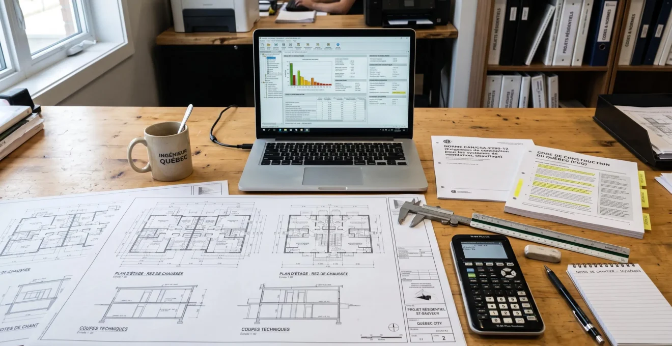 Bureau d'ingénieur avec plans résidentiels, logiciel de calcul de charge thermique et documents normatifs CSA pour dimensionnement correct de système chauffage