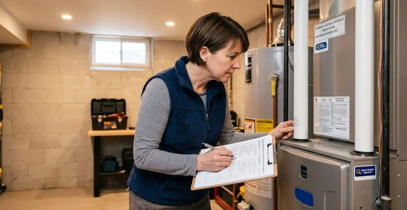 Propriétaire consultant une checklist de vérification près de son système de chauffage nouvellement installé dans un sous-sol résidentiel québécois