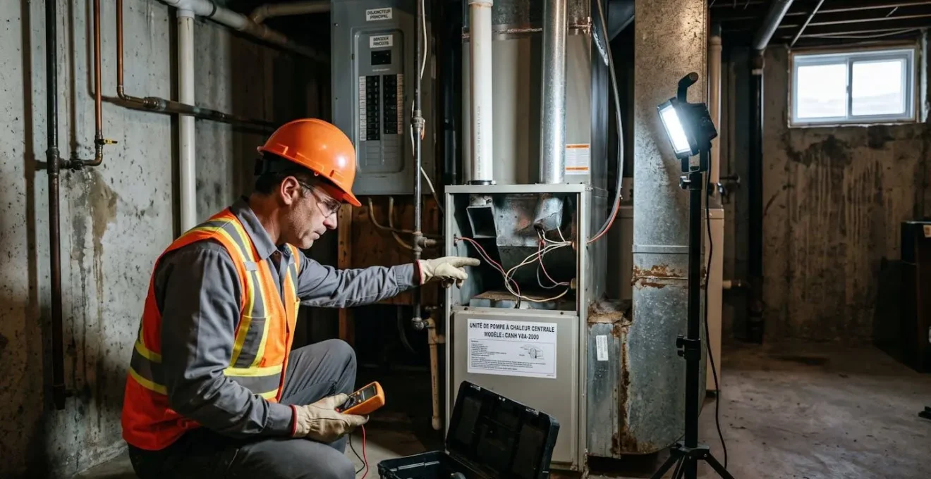 Technicien certifié RBQ inspectant une installation défaillante de thermopompe dans un sous-sol résidentiel québécois, avec conduits et câblage mal installés visibles