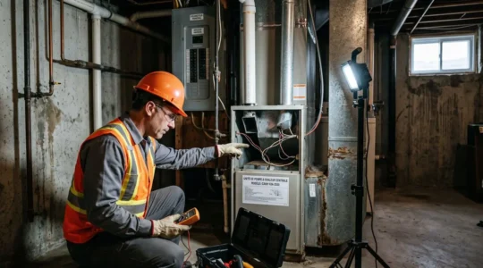 Technicien certifié RBQ inspectant une installation défaillante de thermopompe dans un sous-sol résidentiel québécois, avec conduits et câblage mal installés visibles
